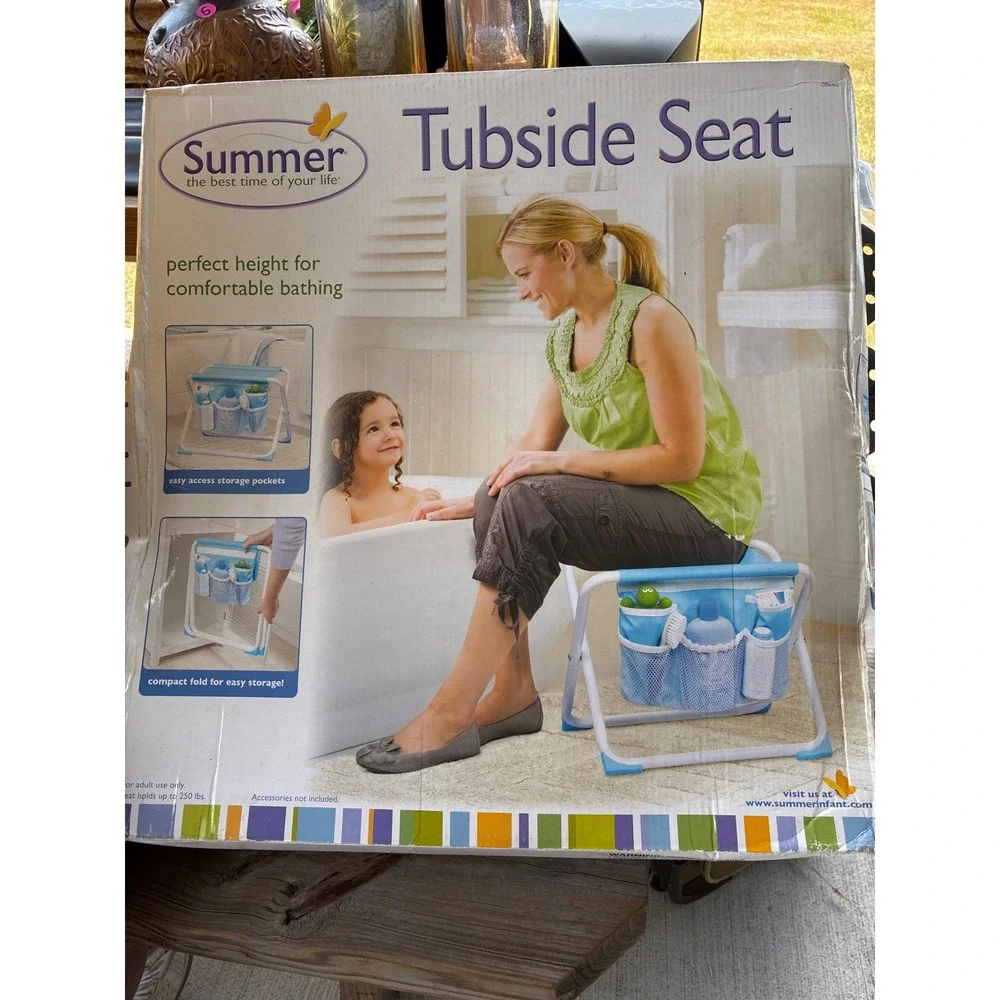 Summer Infant Tubside Seat Blue White Folding Bath Stool with Storage Pockets